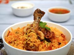 Fusion Feast: Bahraini Biryani – A Symphony of Arabian, Iranian and Indian Flavors Bahraini family enjoying a fusion feast featuring Biryani, showcasing Arabian, Iranian and Indian flavors