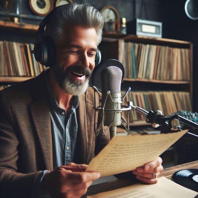 Algerian radio announcer in front of vintage equipment, with digital interface visible