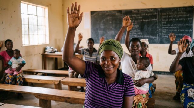 Women gathering in a vibrant street market in Morocco, discussing gender empowerment