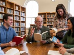 Empowering Maghrebi Women in Western Academia Through Modest Fashion Maghrebi woman wearing a hijab and academic robe, engaging in conversation with other women