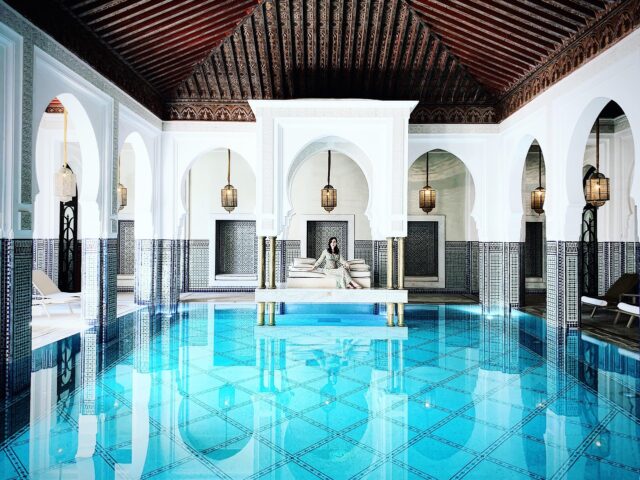 Authentic Moroccan Villa Hammam Decor Moroccan Villa Hammam with traditional tilework and steam room