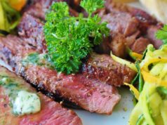 Grilled Salsa Verde and Salsa Roja Steak: The Ultimate Recipe for Algerian, Tunisian and Moroccan Grilling Season Grilled steak served with Salsa Verde and Salsa Roja, surrounded by Algerian, Tunisian, and Moroccan flag elements